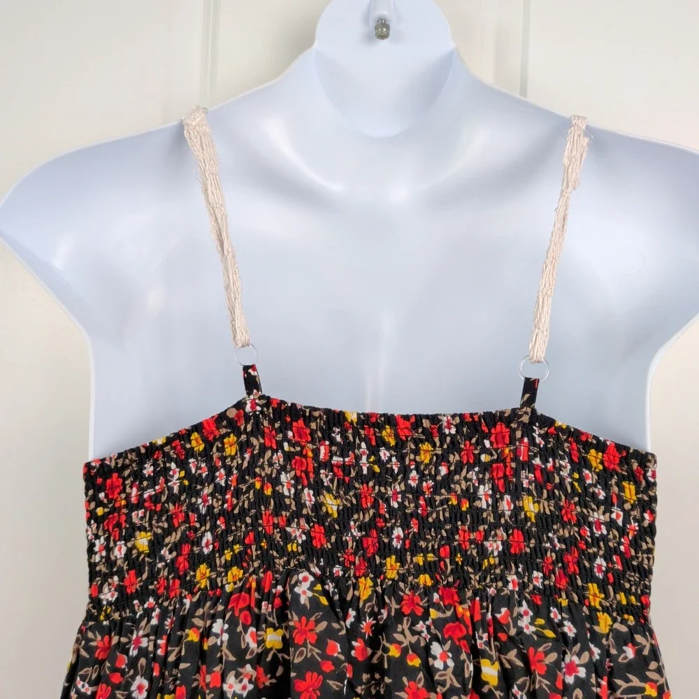 Floral Crochet Smocked Maxi Dress Black Red Size Large Boho Earthy Indie‎